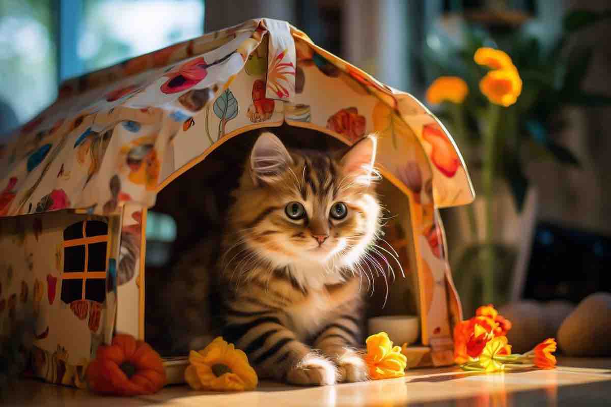 Gatto striato nella piccola casa su misura